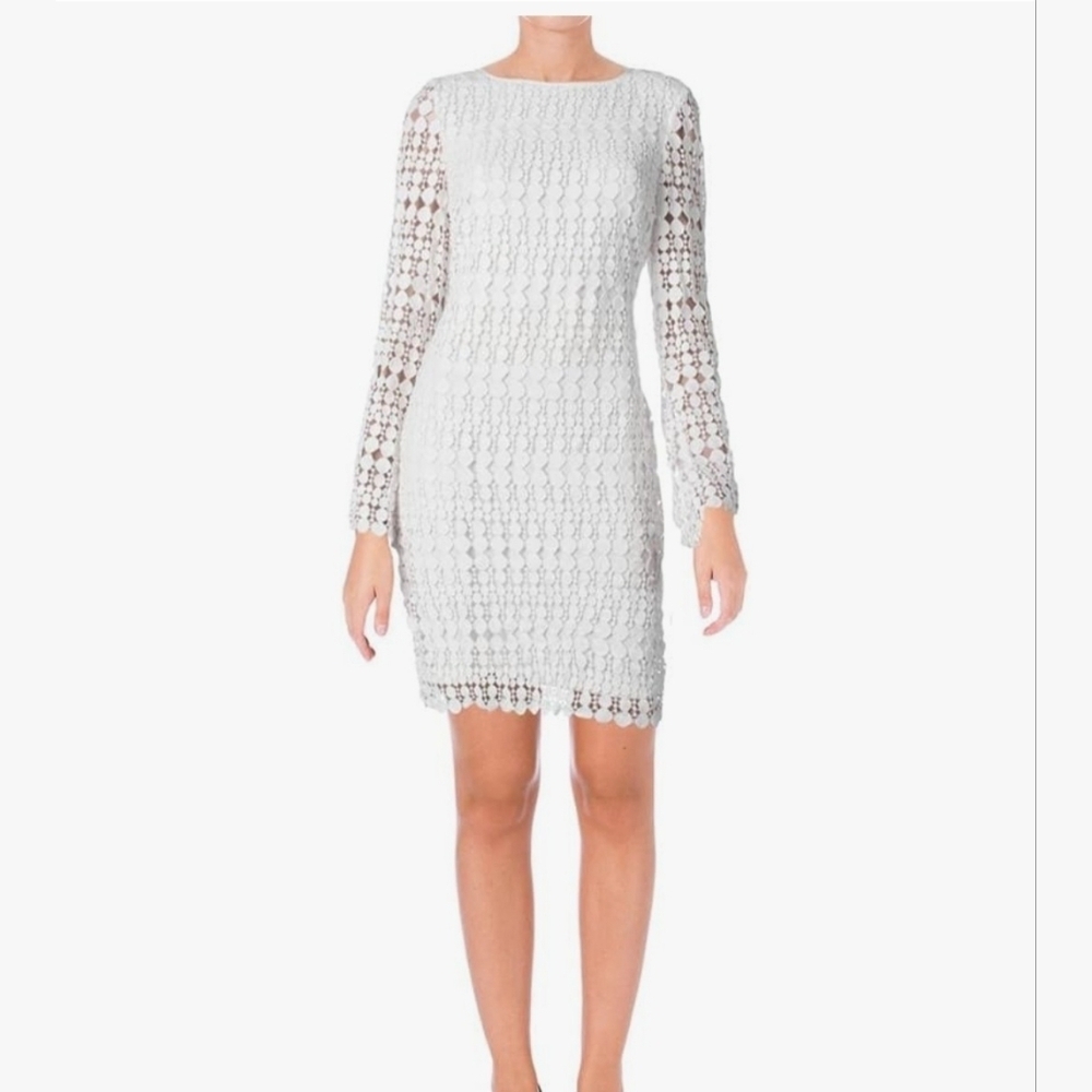 LAUREN RALPH LAUREN GEOMETRIC EYELET LACE OVERLAY LINED COCTAIL DRESS. SIZE 6.